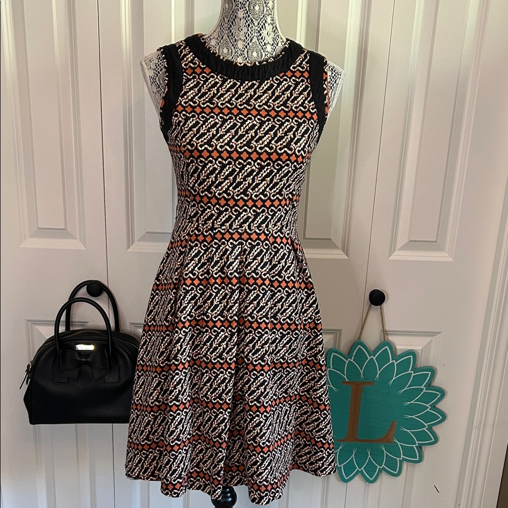 Marina Forenza orange cream &black geometric print sleeveless fit & flare dress